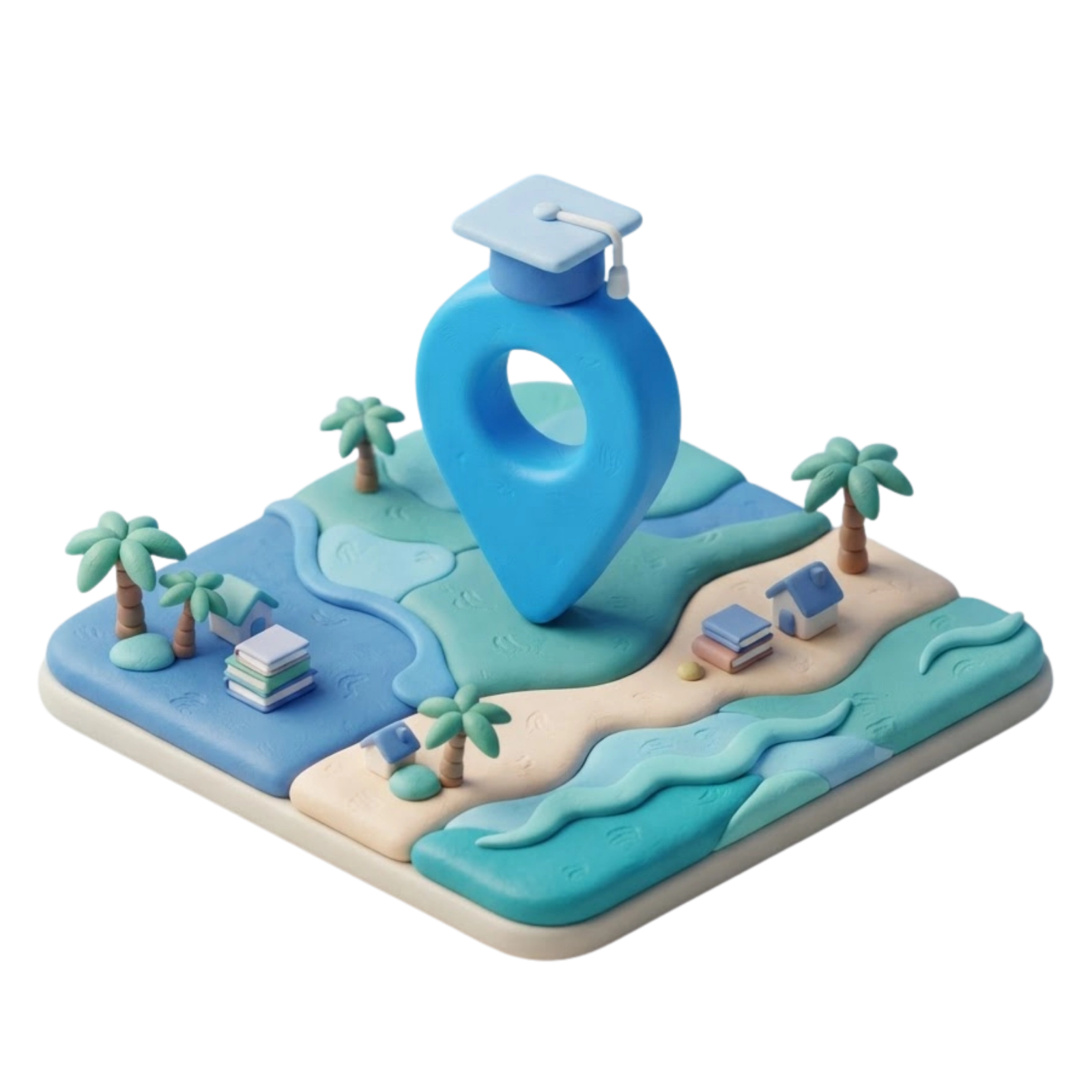 3D clay illustration of a roadmap location pin with a graduation cap on a coastal map