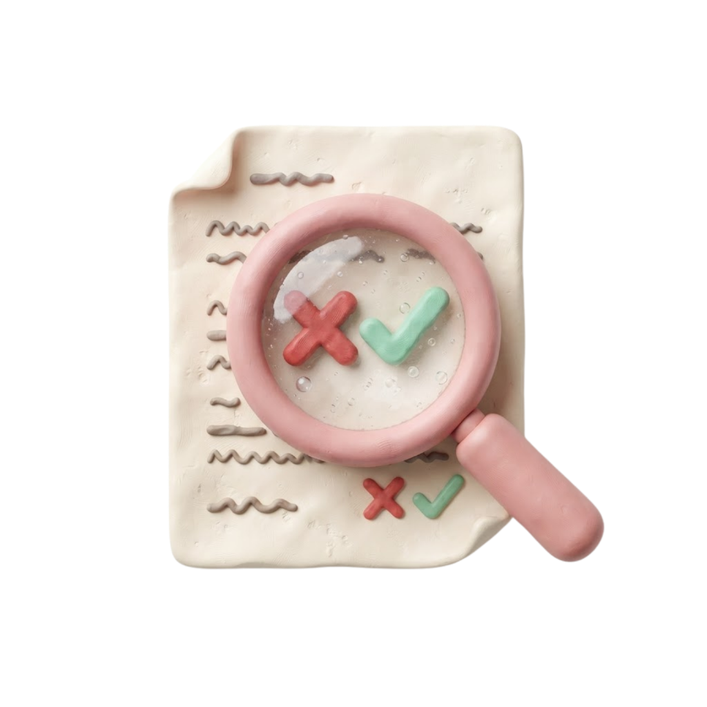 3D clay illustration of a magnifying glass over a document with a red cross and green checkmark