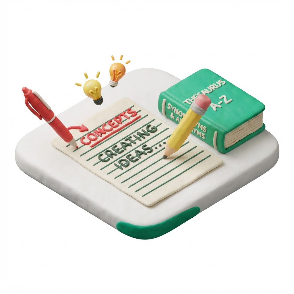 3D clay illustration of a pencil writing on lined paper, thesaurus, and red pen corrections