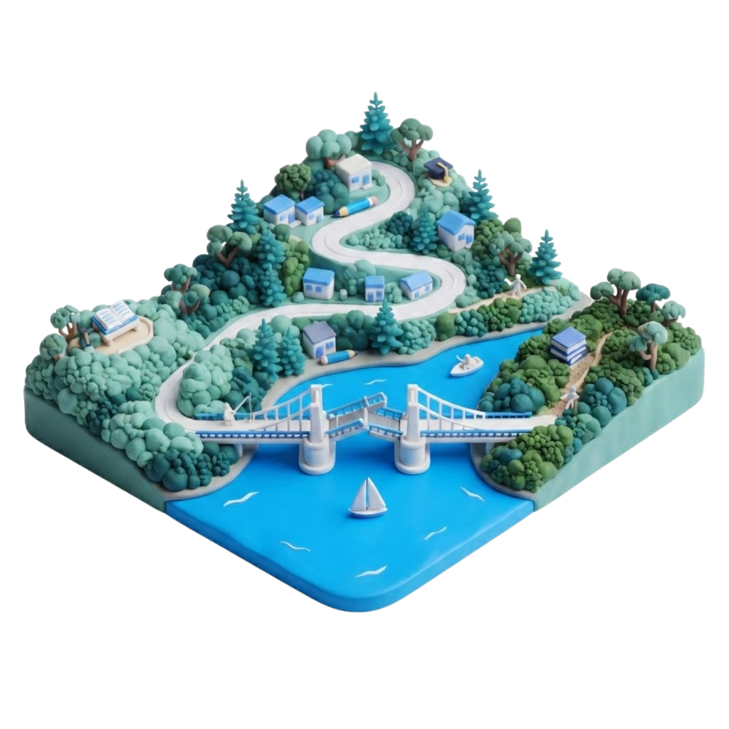 Clay diorama of Seaforth with the iconic Spit Bridge over Middle Harbour, a sailboat, bushy hillsides, houses and educational elements