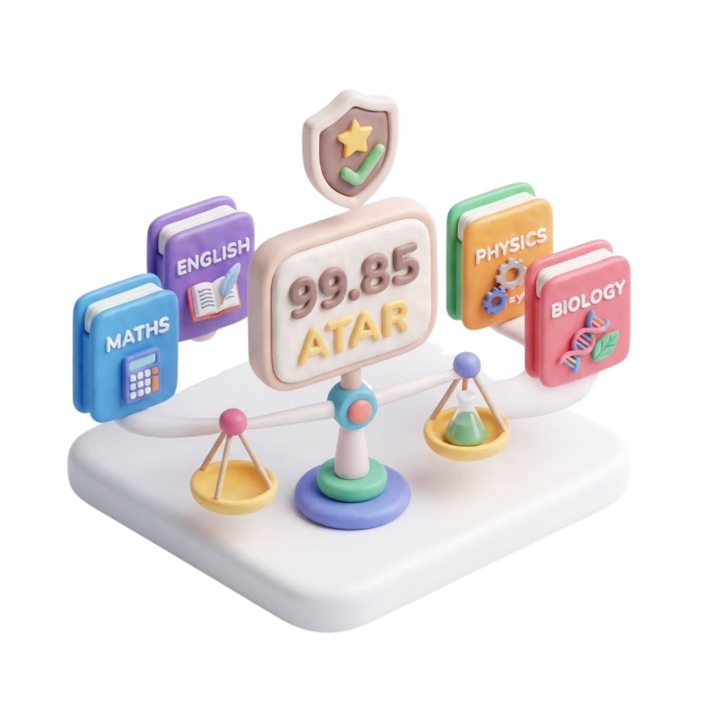3D clay illustration of a balance scale with subject books contributing to a 99.85 ATAR