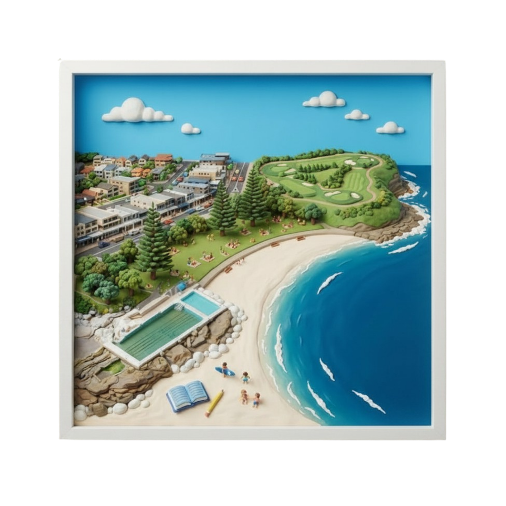 Framed clay diorama of Dee Why Beach with Long Reef headland, rockpool, Norfolk Pines, surf club and educational elements
