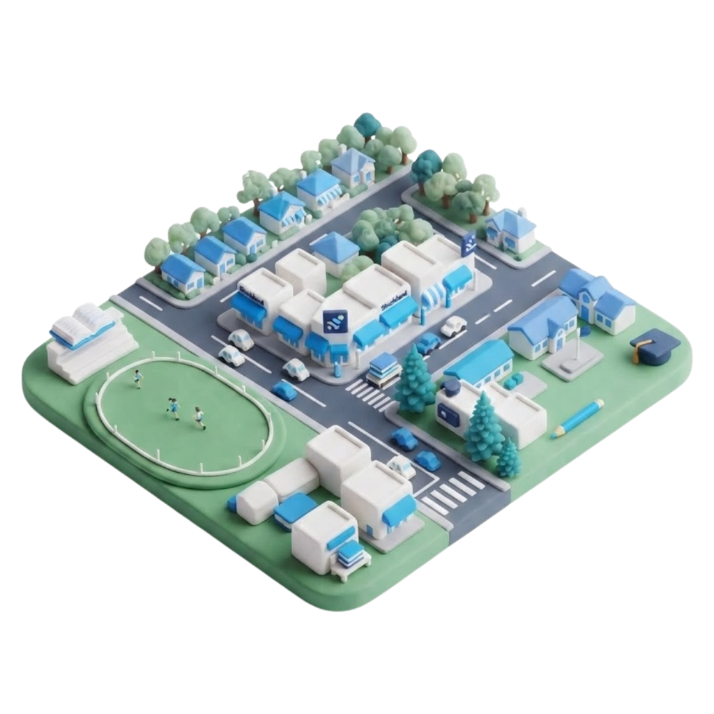 Clay diorama of Balgowlah shopping village with commercial buildings, sports oval and grandstand, residential streets and educational elements