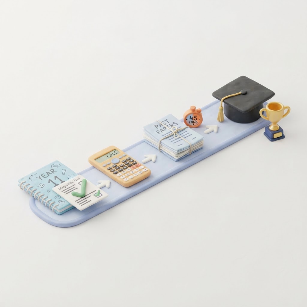 3D clay illustration of a 12-month study roadmap journey from Year 11 to graduation