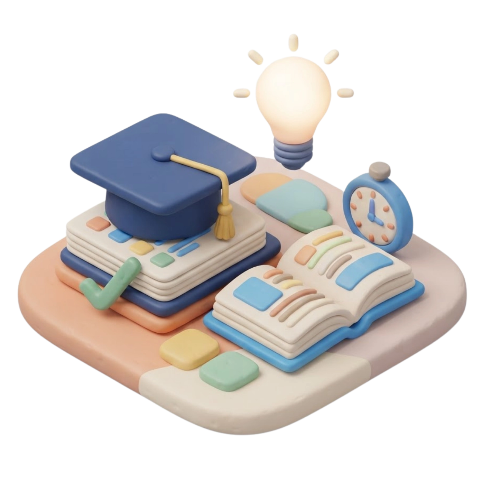 3D clay illustration of study elements including books, a clock, a notepad, and a lightbulb in Headstart blue clay style