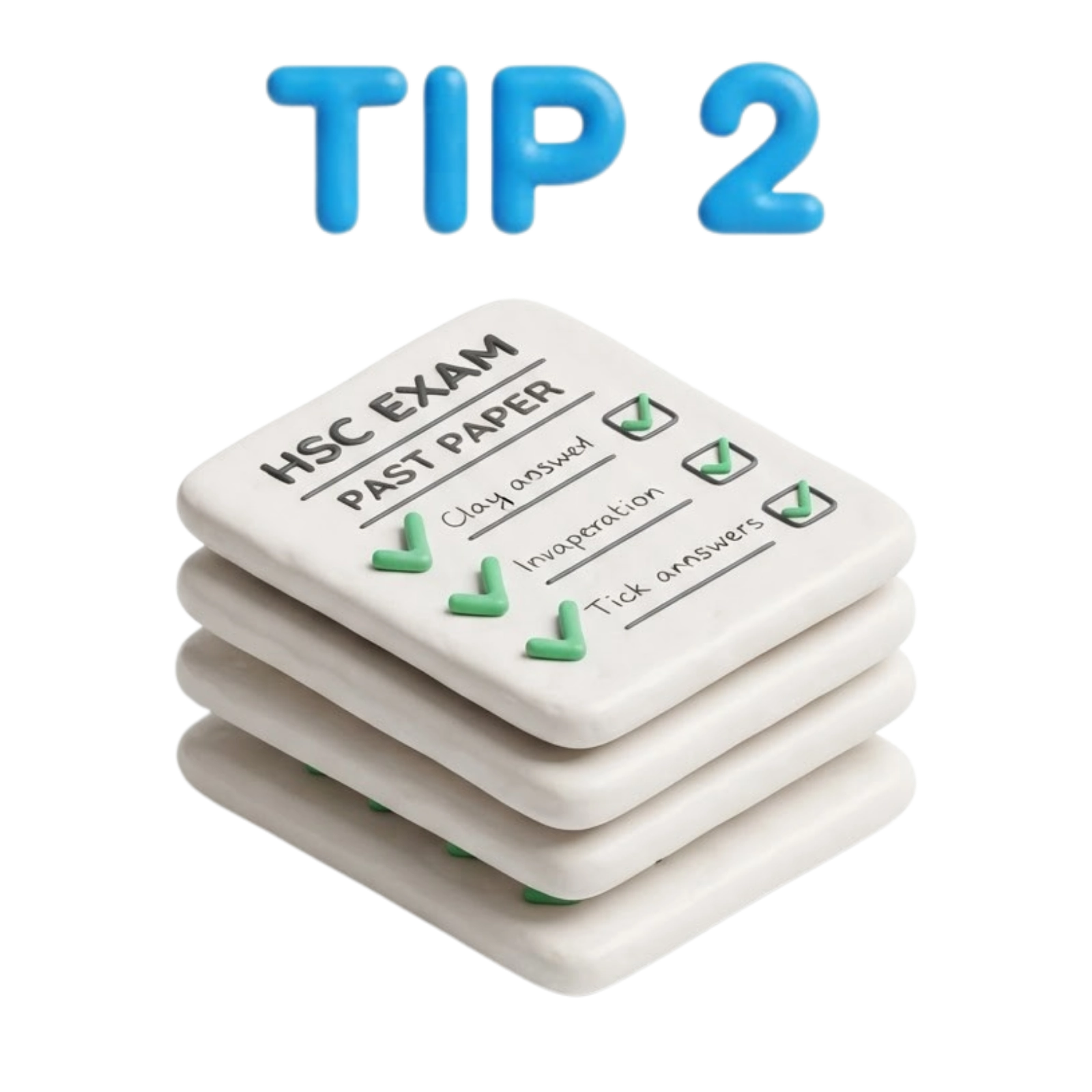 3D clay illustration of a stack of HSC exam past papers with green checkmarks