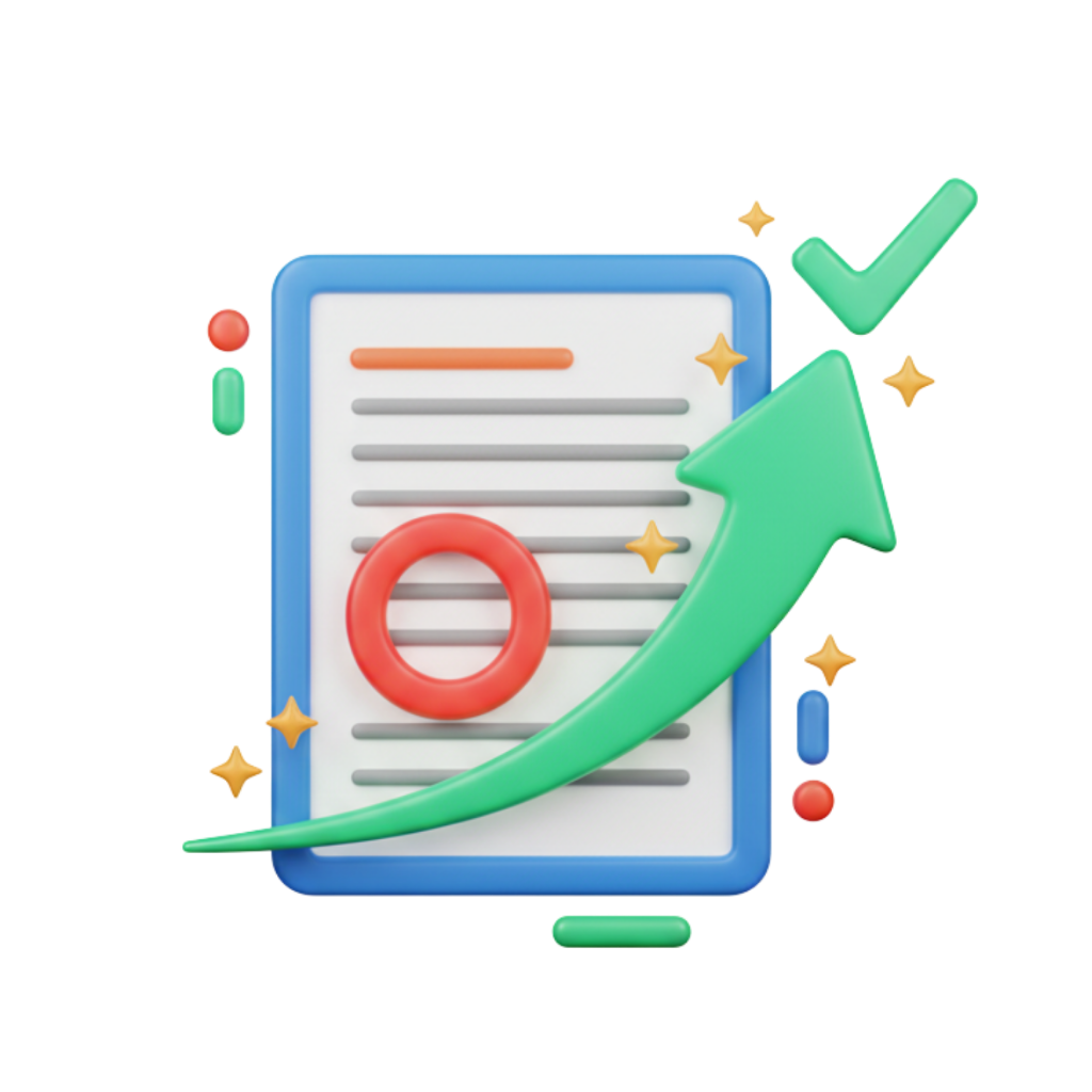 3D clay clipboard with a green arrow and checkmark representing exam recovery