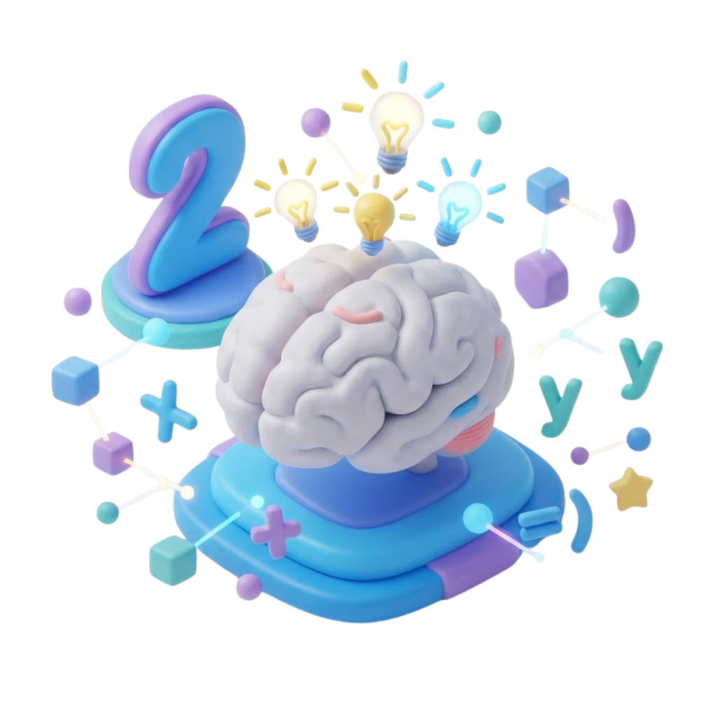 3D clay illustration of a brain with lightbulb ideas, concept nodes, and algebra symbols