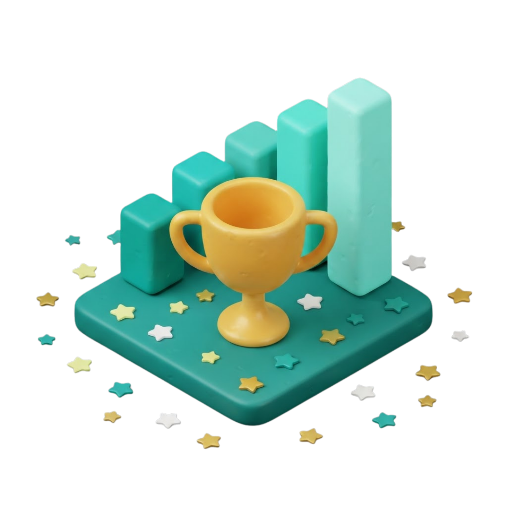 3D clay illustration of golden trophy cup on teal platform with ascending bar chart and star confetti