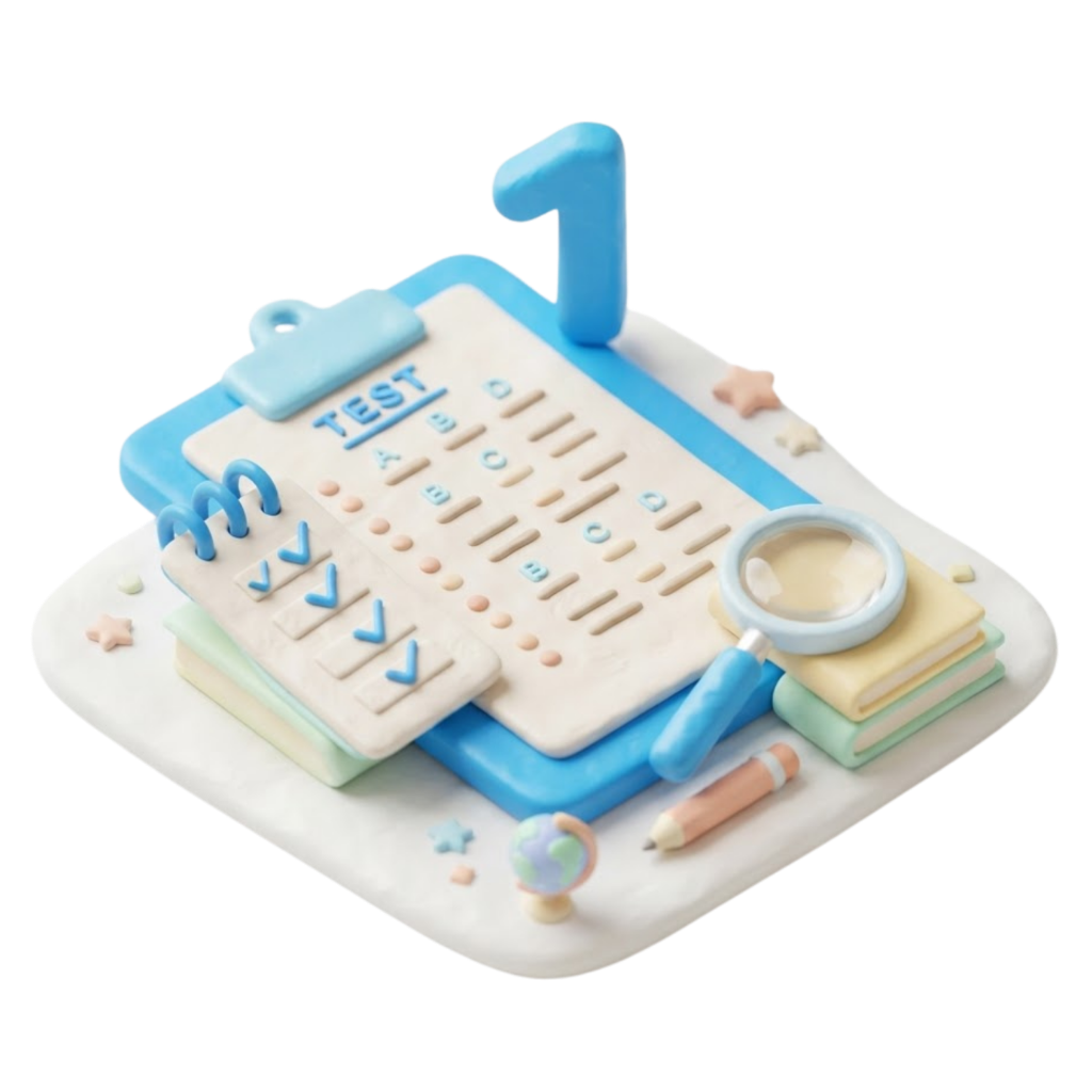 3D clay illustration of a clipboard with diagnostic test paper, magnifying glass, and checklist