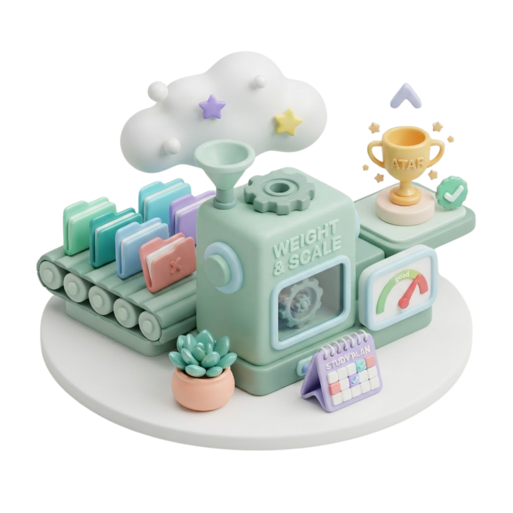 3D clay illustration of a Weight and Scale machine processing subject folders into an ATAR trophy