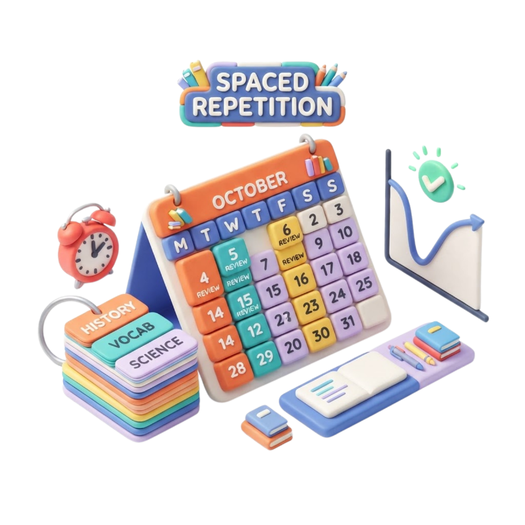 3D clay illustration of spaced repetition with calendar, flashcards, and memory graph