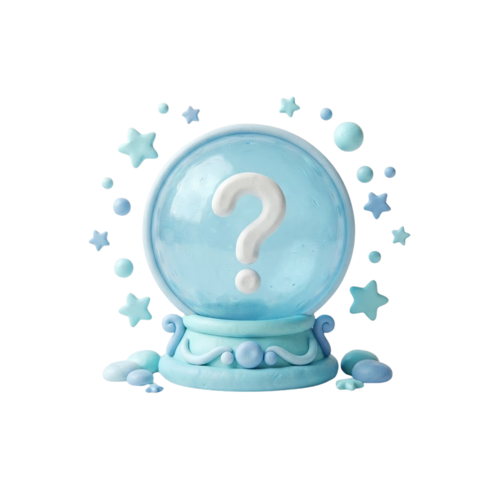 3D clay illustration of a crystal ball with a question mark inside surrounded by stars