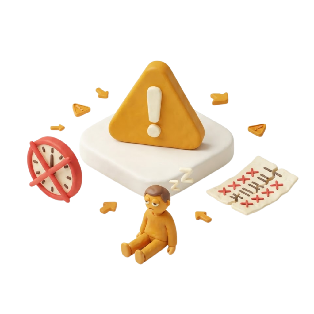 3D clay illustration of warning signs showing a tired student, a clock with red X, and a torn checklist