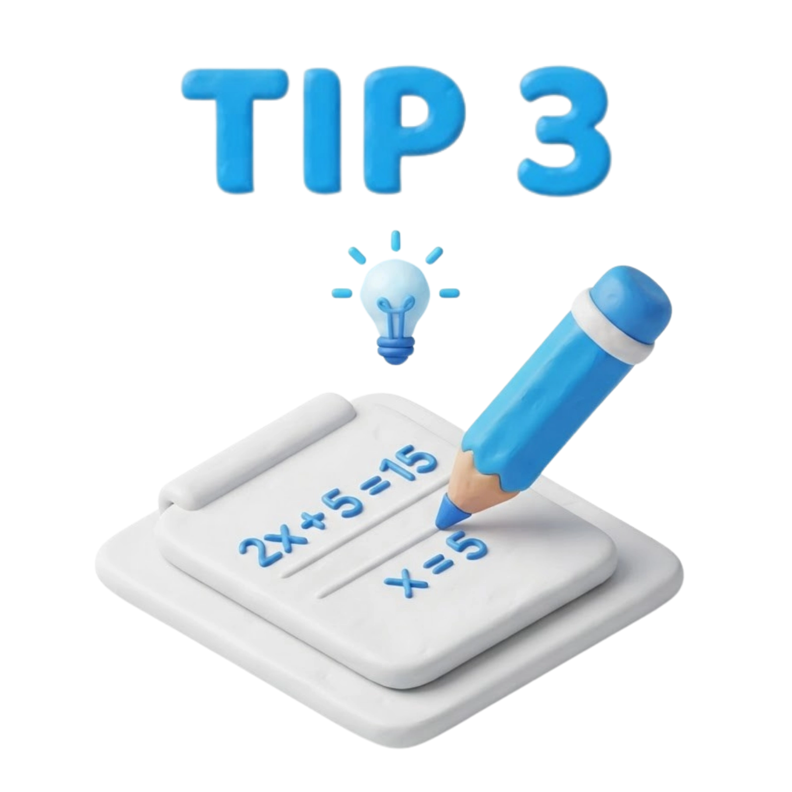 3D clay TIP 3 illustration of a notepad with a solved equation, a lightbulb, and a pencil