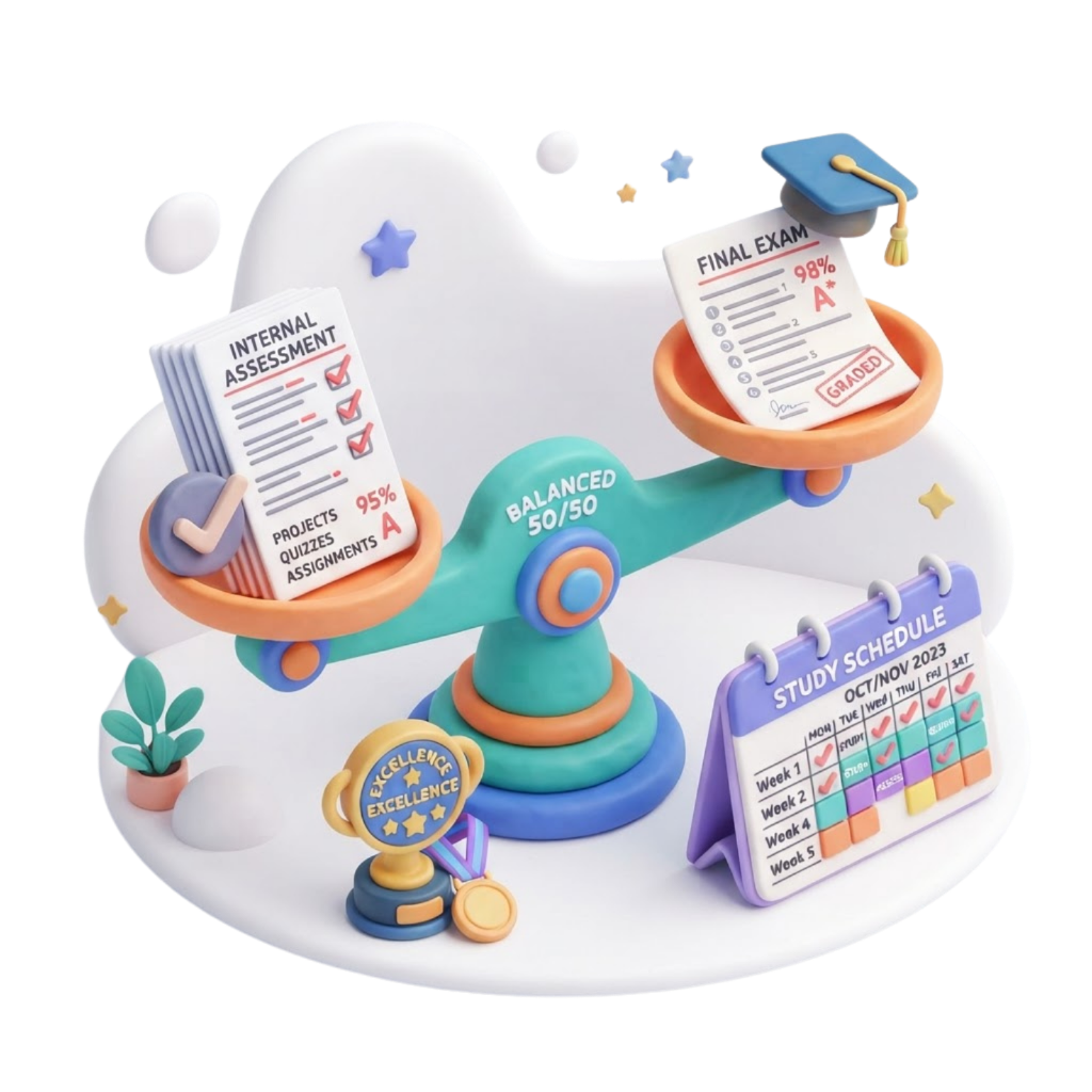 3D clay illustration of a balanced scale showing school assessments and exams equally weighted at 50/50