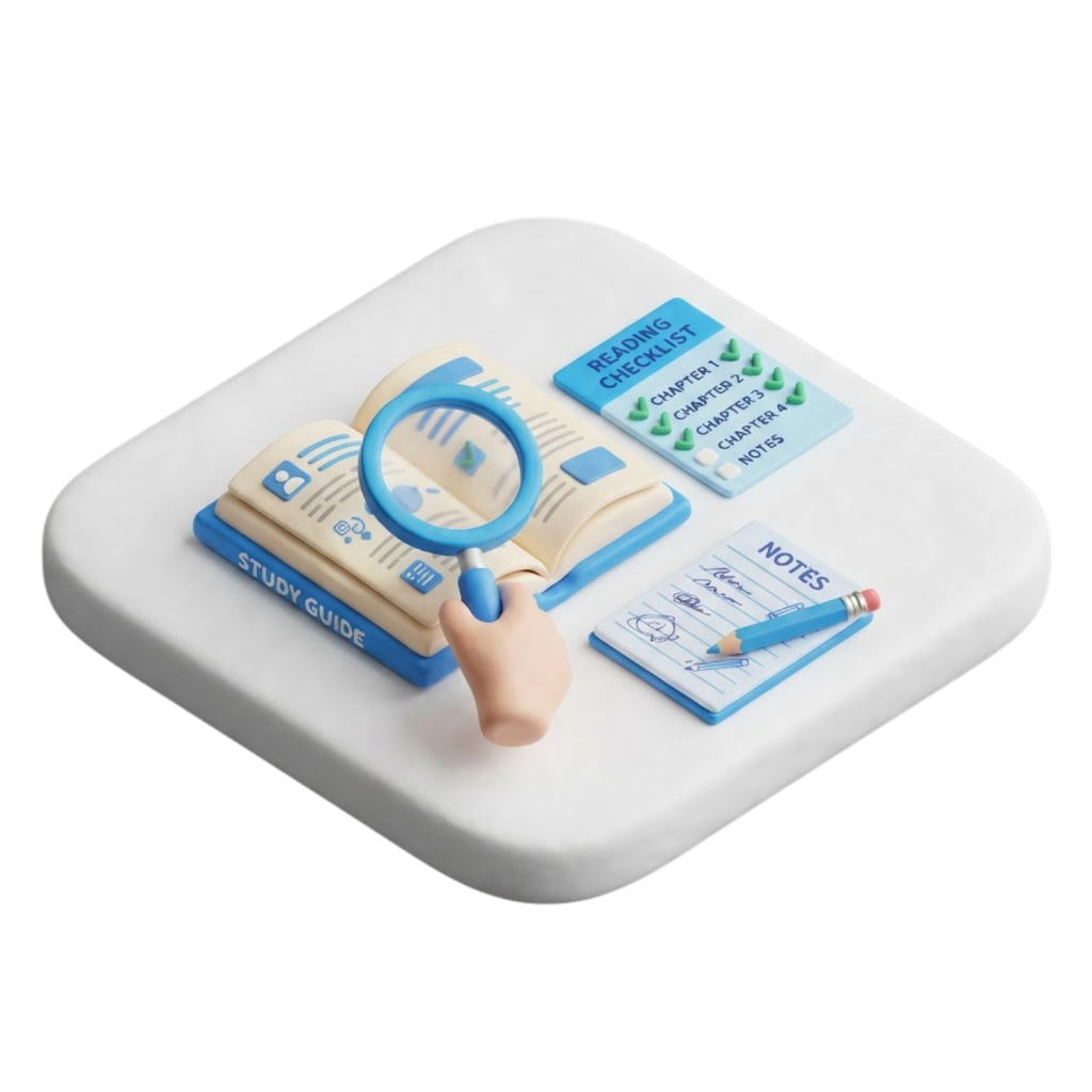 3D clay illustration of a open book being examined with a magnifying glass, reading checklist, and notepad