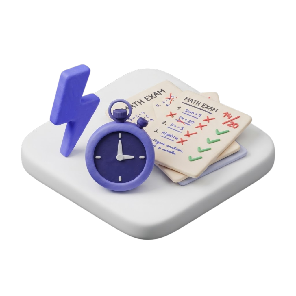 3D clay illustration of a lightning bolt, stopwatch timer, and practice exam papers with corrections