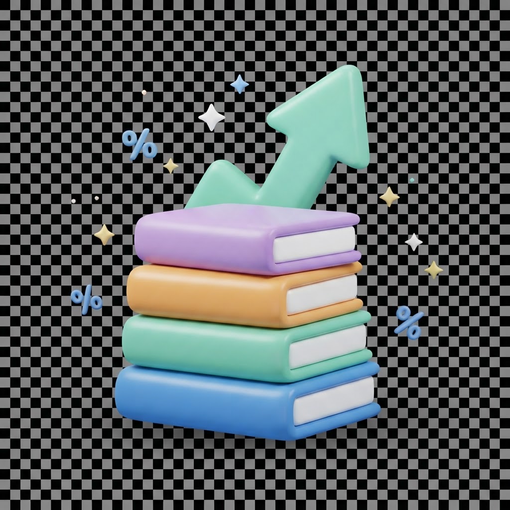 3D clay stack of colourful books with green scaling arrow
