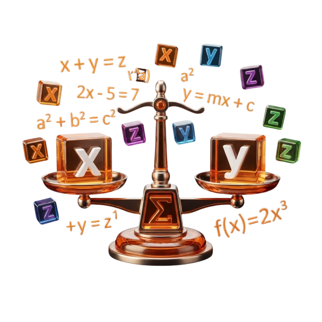 3D illustration of a balance scale with algebra letter blocks x and y and floating equations