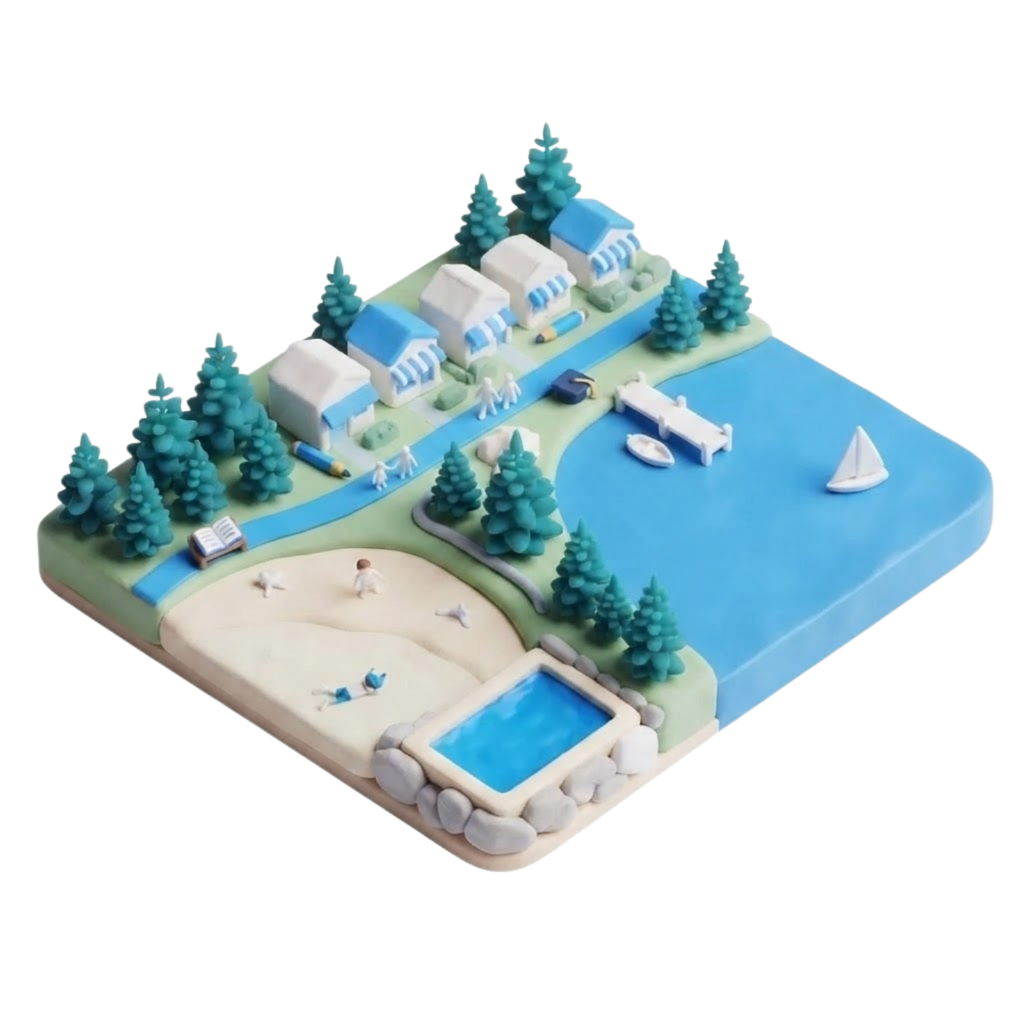 Clay diorama of Fairlight's harbour foreshore with white houses, a pier and moored boat, swimming pool and educational elements