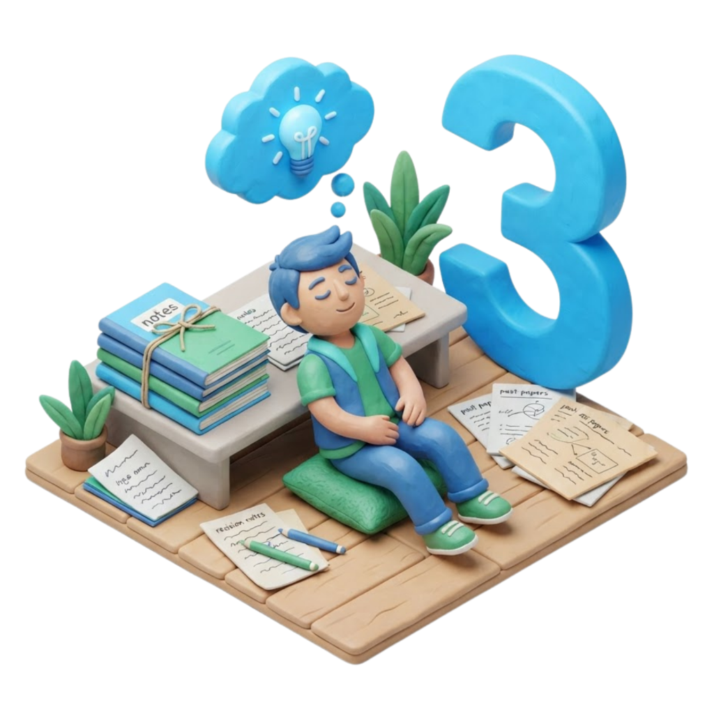 3D clay illustration of a student resting with a lightbulb, revision notes, and past papers