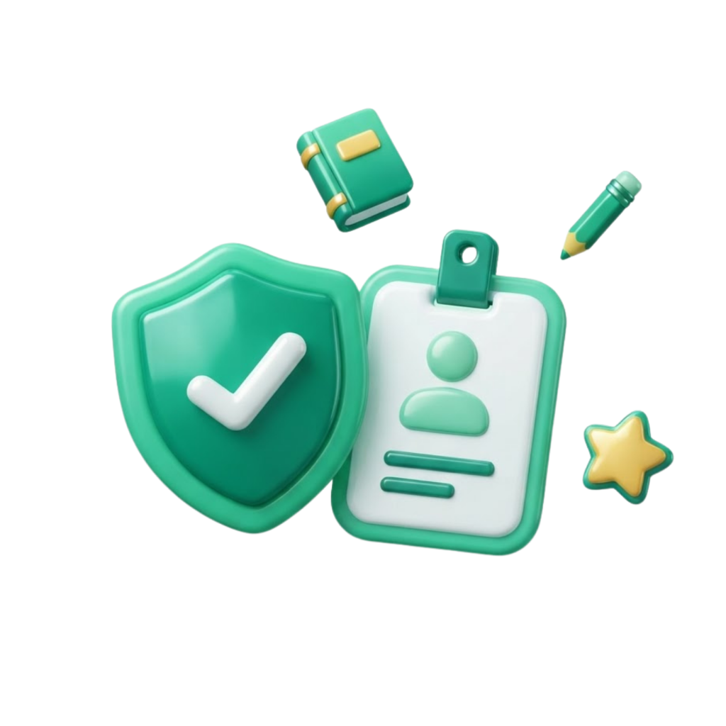 3D illustration of a shield with checkmark and ID badge