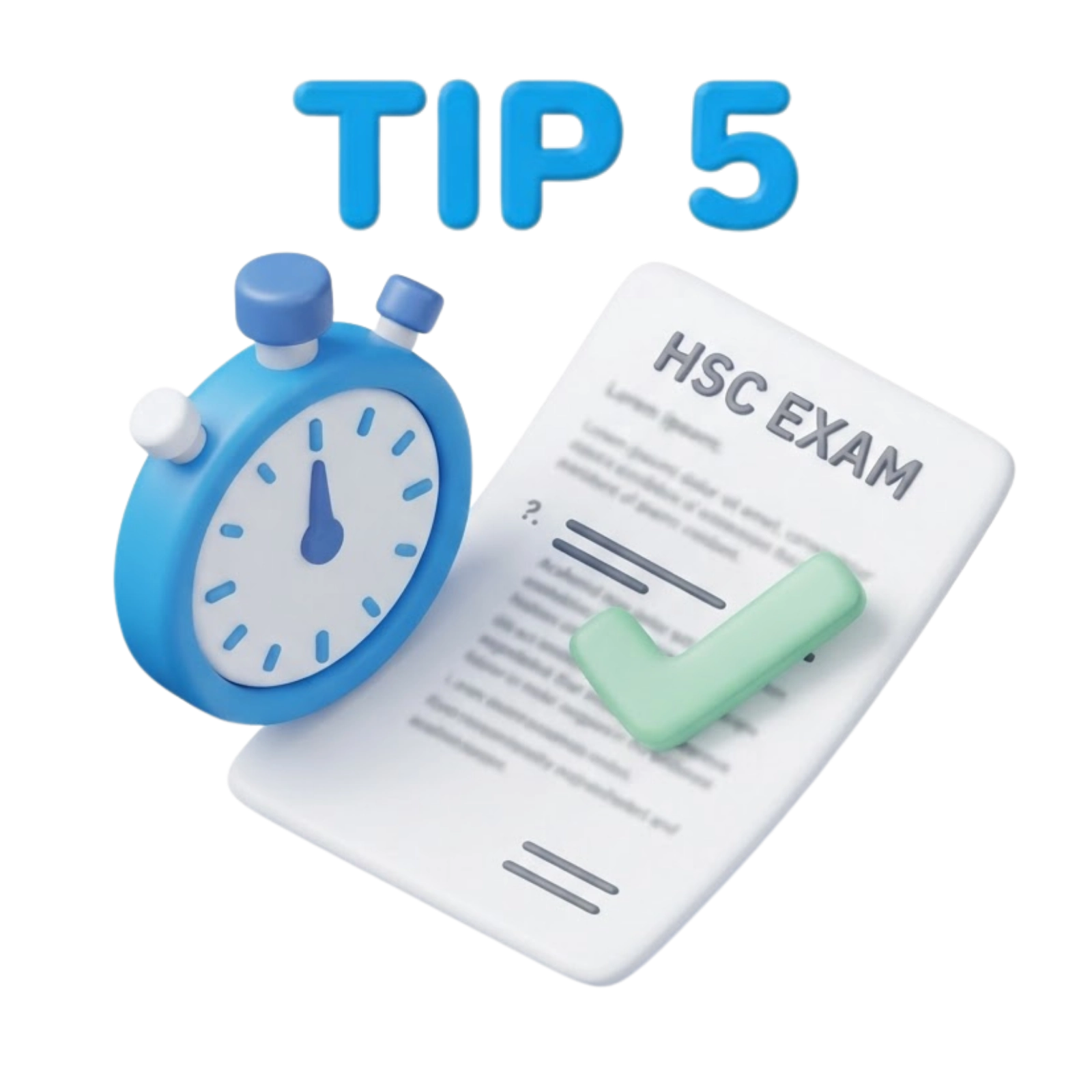 3D clay illustration of a stopwatch next to an HSC exam paper with a green checkmark