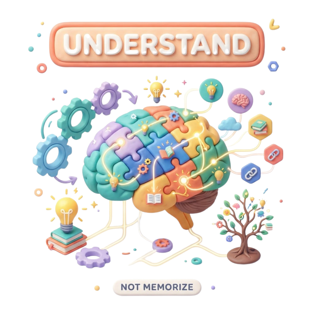 3D clay illustration of understanding over memorization with brain, concept nodes, and puzzle pieces