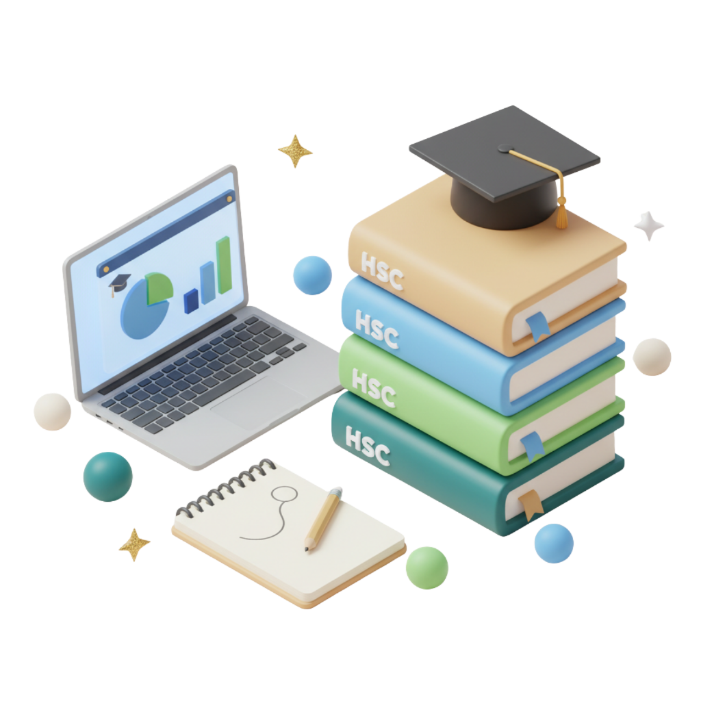 3D illustration of HSC study materials with books, laptop, and graduation cap