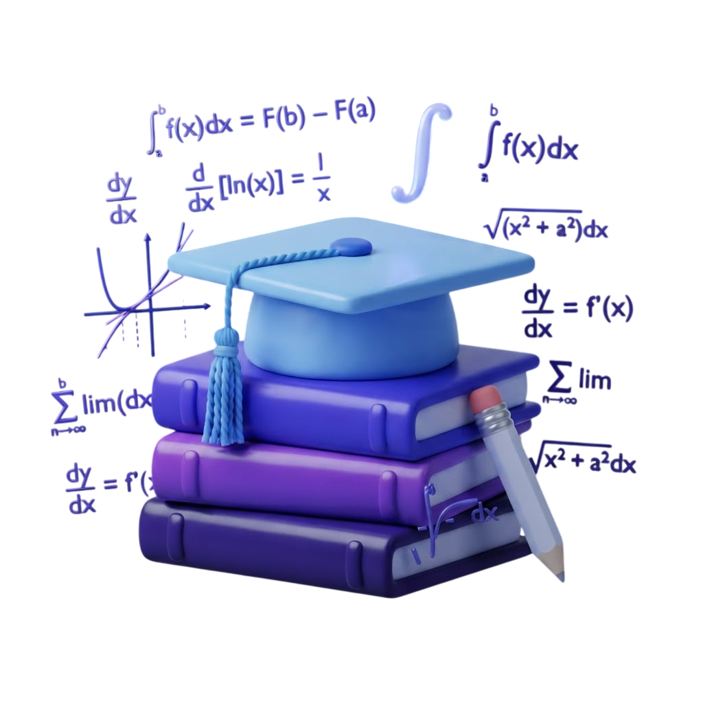 3D illustration of calculus graphs, derivative curves, integral symbols, and a graduation cap