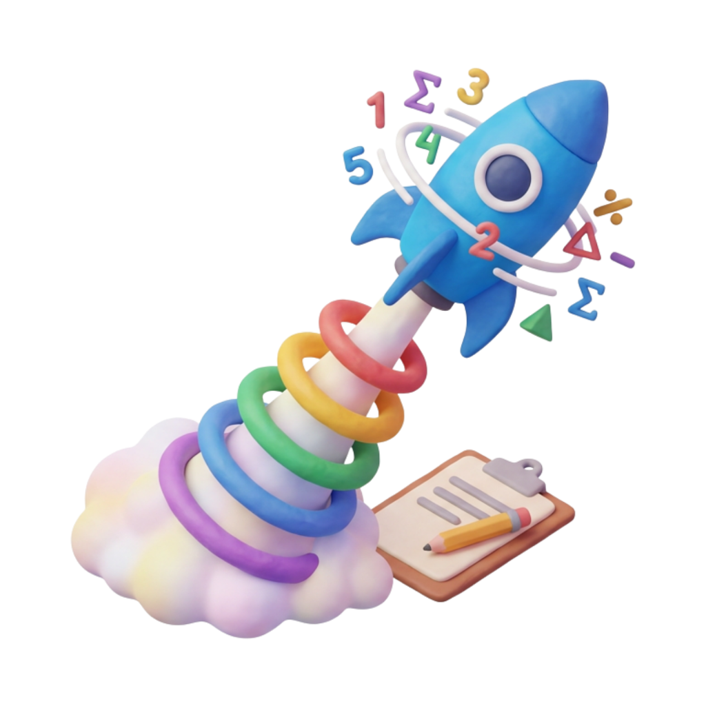 3D clay rocket launching from colourful rings with orbiting math symbols