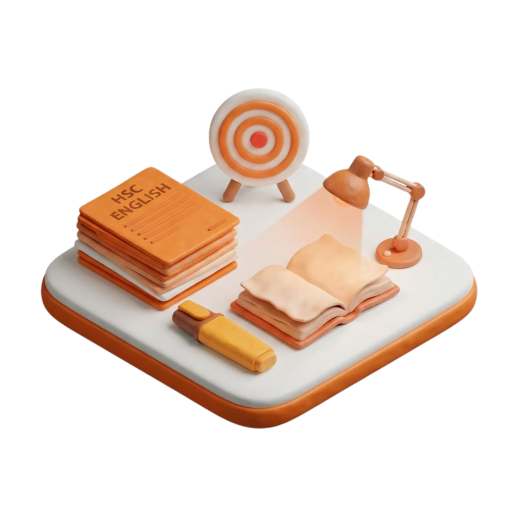 3D clay illustration of a stack of HSC English exam papers, highlighter, reading lamp, and target bullseye