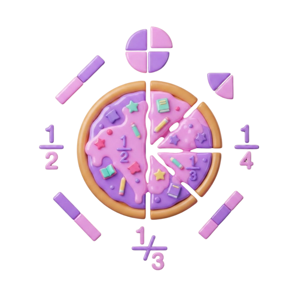 3D illustration of a pizza cut into fraction slices with fraction circles and bars