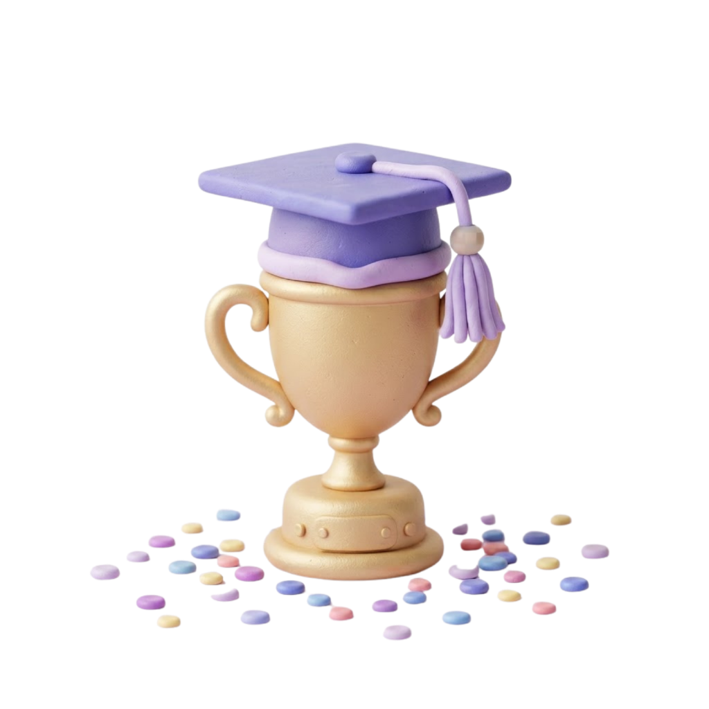 3D clay illustration of a graduation cap on a golden trophy with celebratory confetti