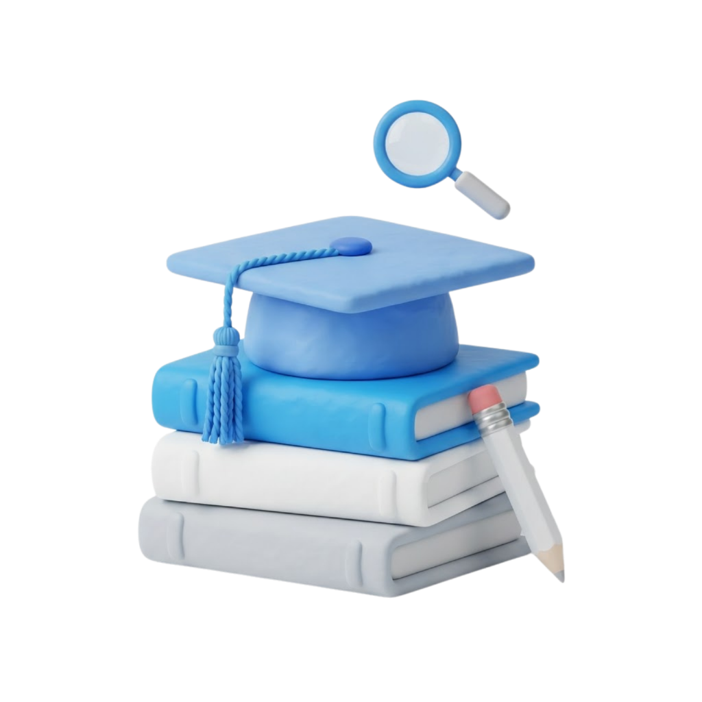 3D illustration of books with graduation cap and magnifying glass