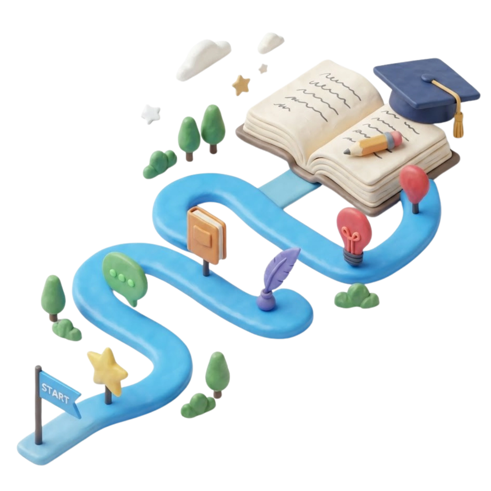 3D clay illustration of an English learning roadmap path winding through books, a quill, a speech bubble, and a lightbulb to a graduation cap