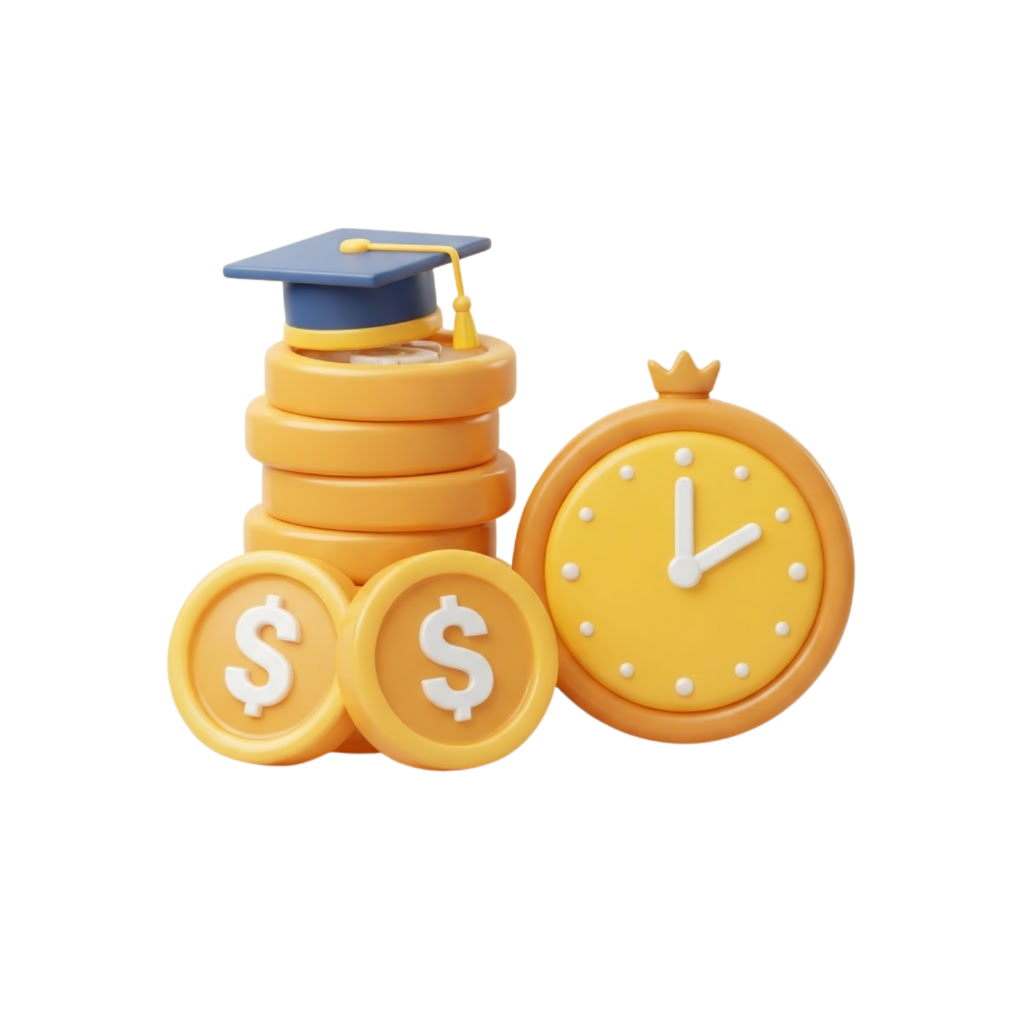 3D illustration of coins with dollar sign and a clock