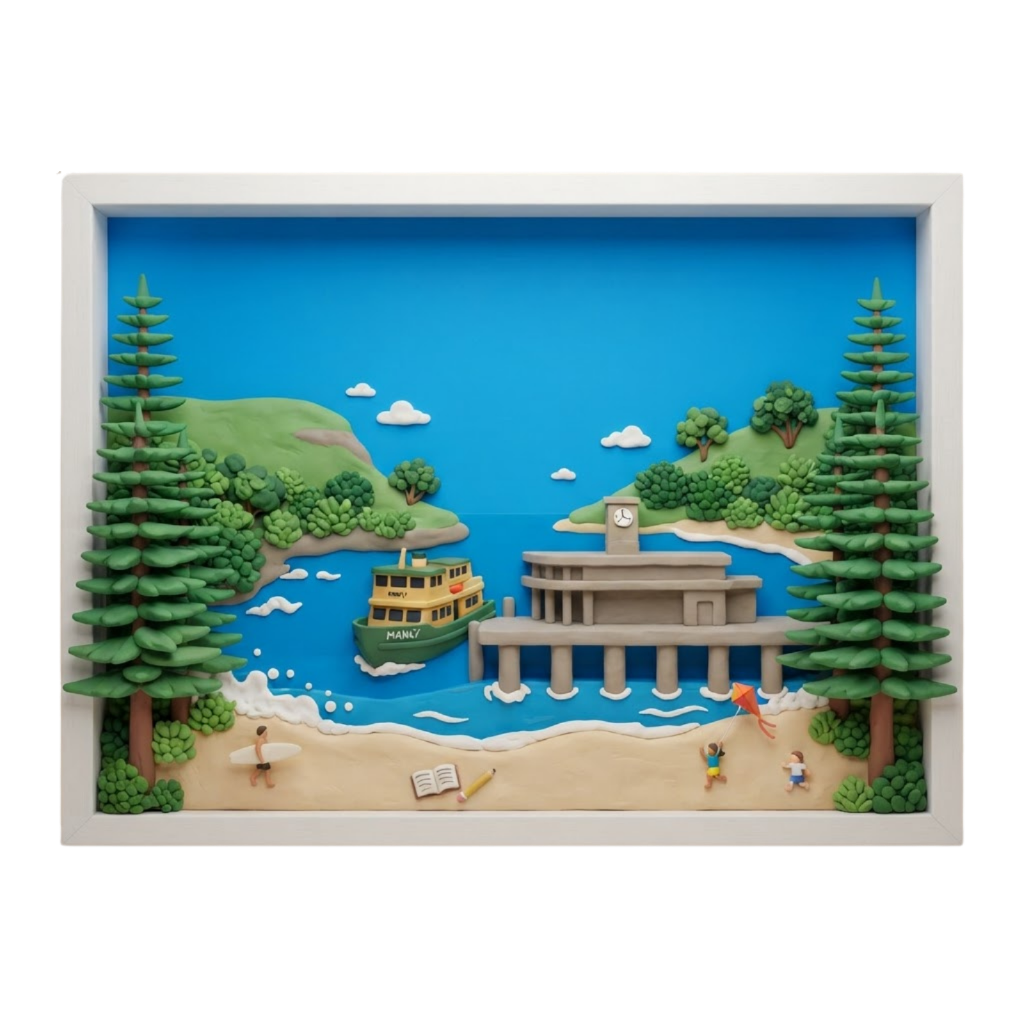 Clay diorama of Manly with the green-and-gold Manly Ferry approaching the wharf, lush North Head and Shelley Beach headlands, tiered Norfolk pines, surfers, kite-flying, and an open book on the sand