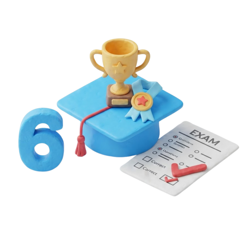 3D clay illustration of a graduation cap with trophy, medal, and completed exam paper