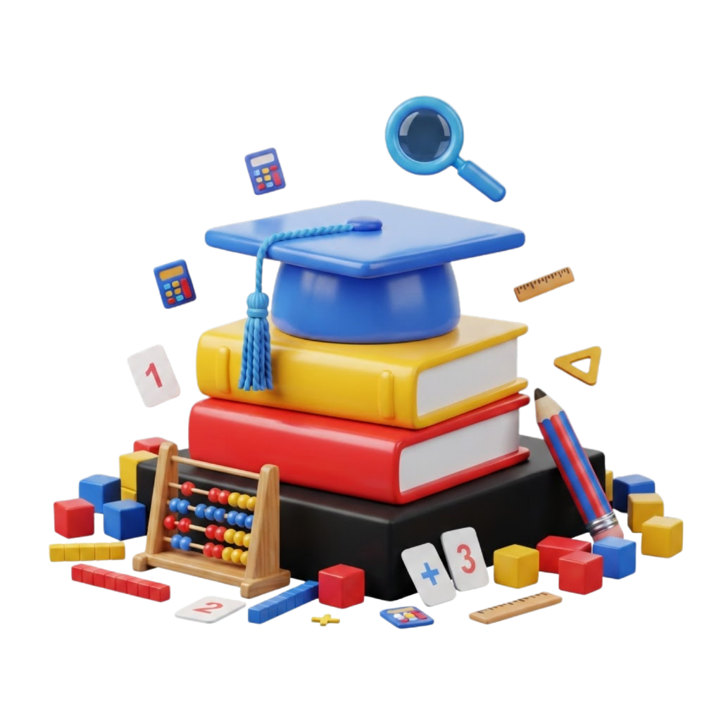 3D illustration of colorful counting blocks, number flashcards, and an abacus for early maths