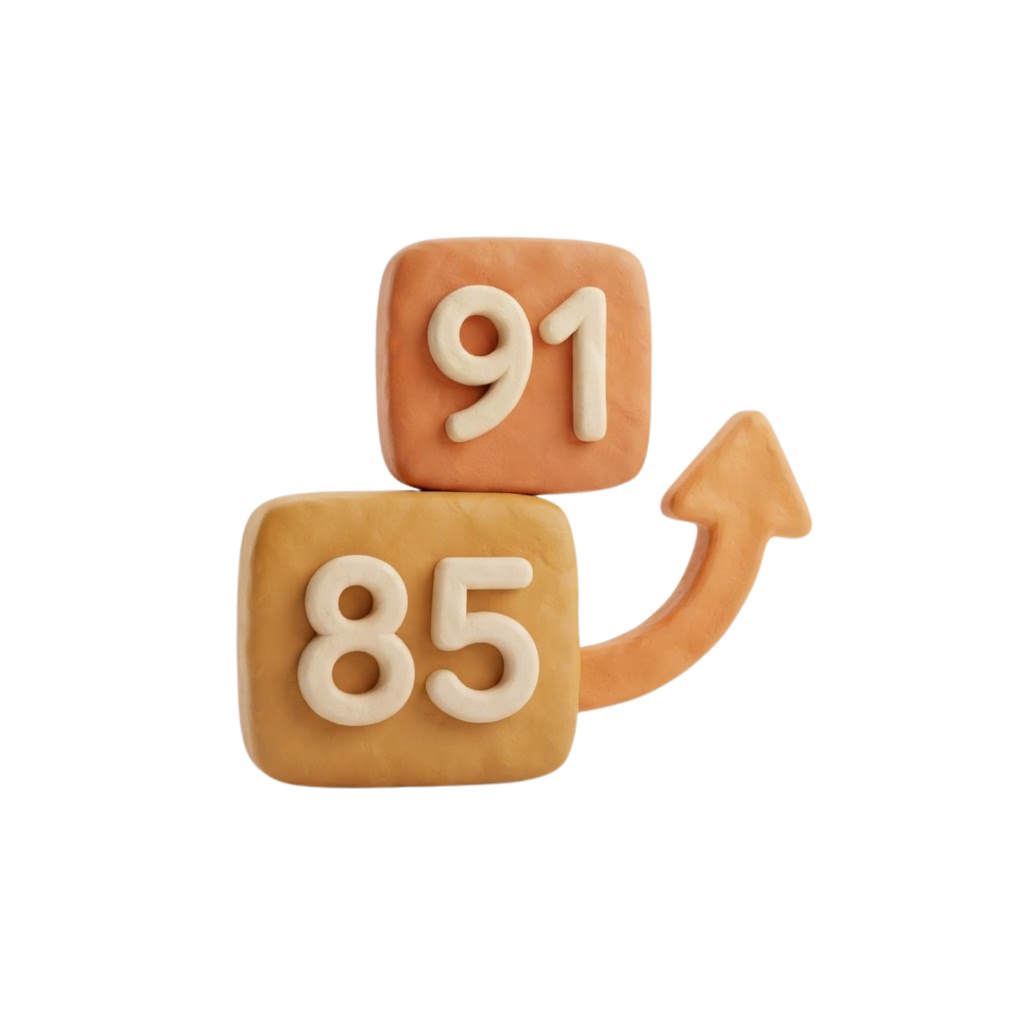 3D clay illustration of number tiles transforming from 85 to 91 with a curved arrow