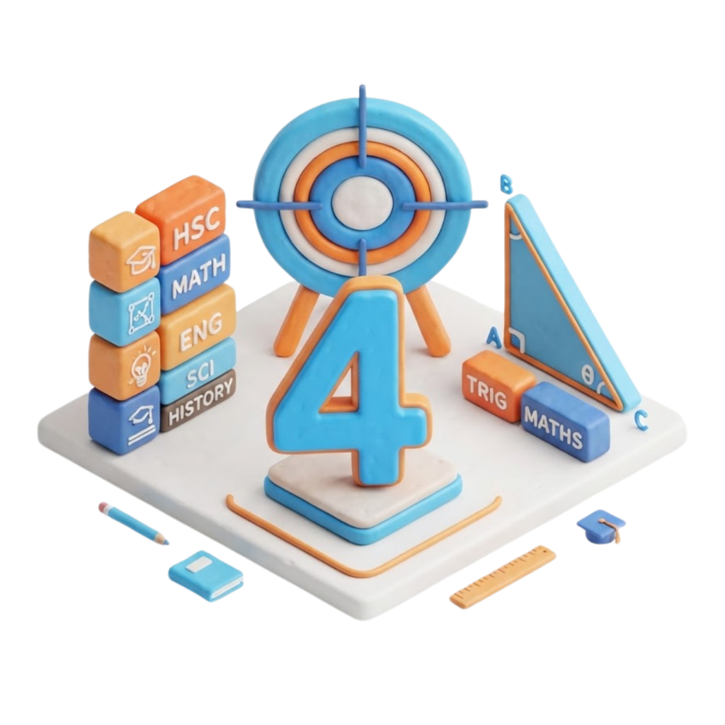 3D clay illustration of a target bullseye with HSC exam content modules and trigonometry
