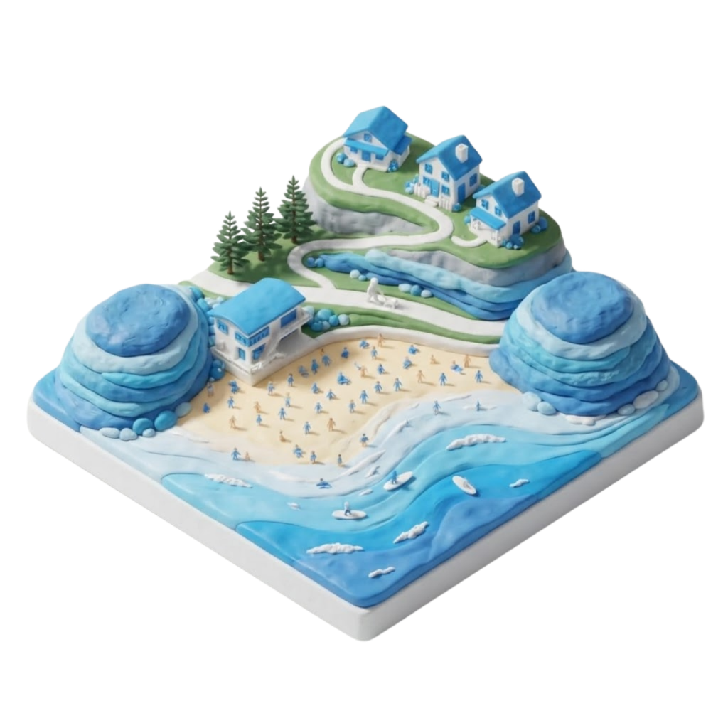 Clay diorama of Freshwater Beach with surfers, evergreen pines, swimming pool, books and pencil