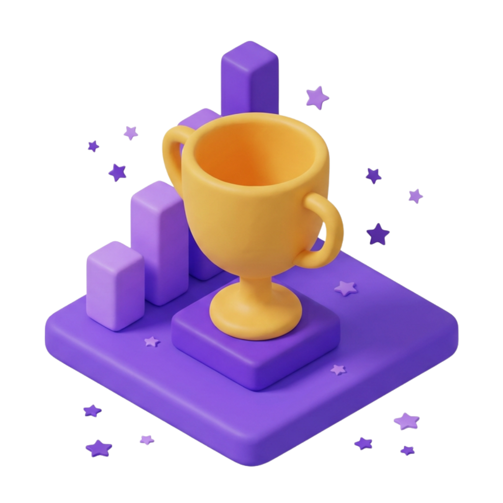 3D clay illustration of purple trophy cup with ascending bar chart and star confetti