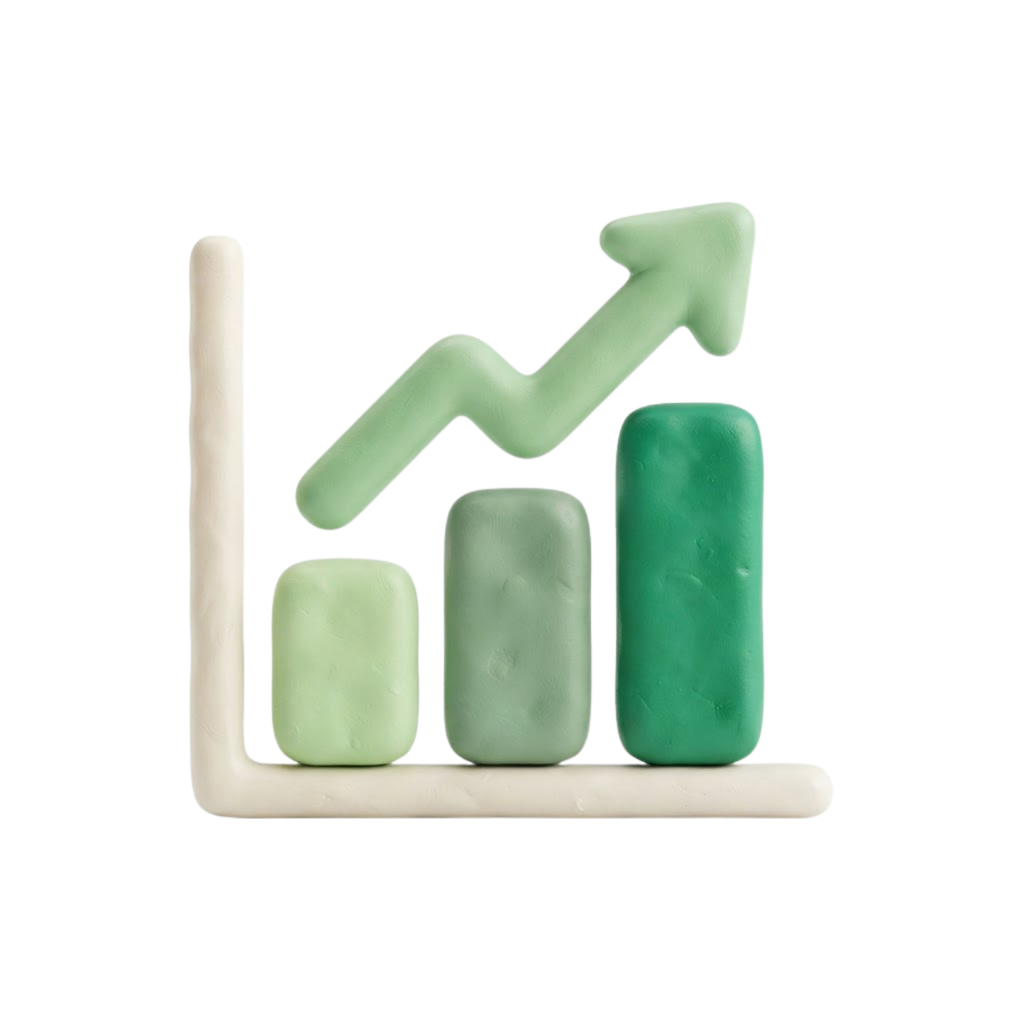 3D clay illustration of an upward trending bar chart with an arrow pointing up