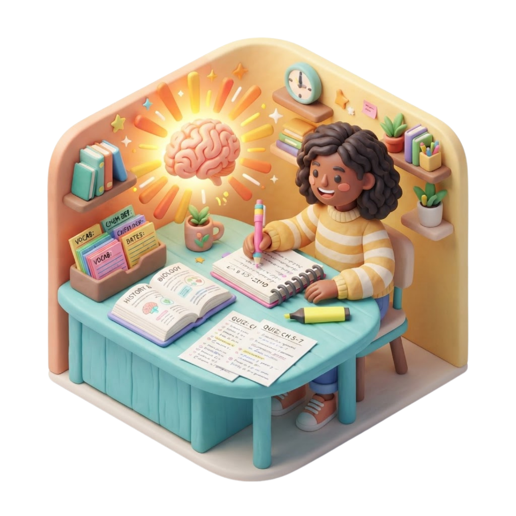 3D clay illustration of active learning techniques with brain, notes, and flashcards