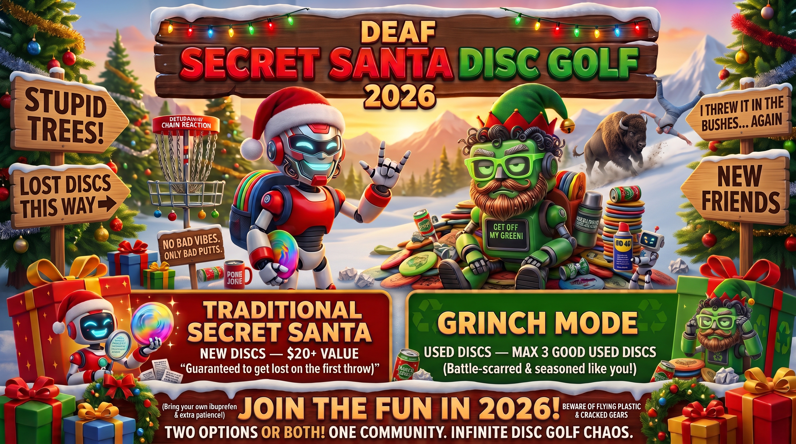 Deaf Secret Santa Disc Golf 2026 — a Santa-hatted robot and a grinchy elf surrounded by discs, gift boxes and holiday lights