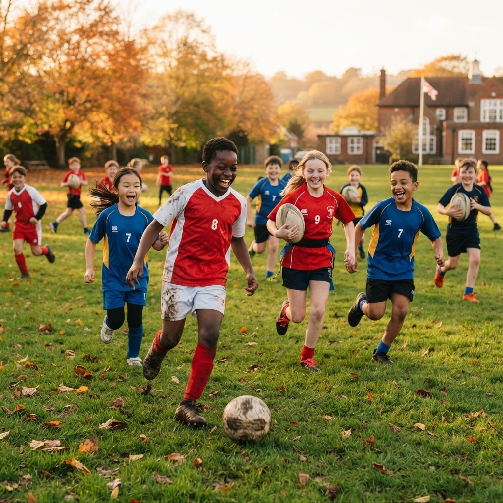 Primary school children playing sport outdoors at an autumn school club