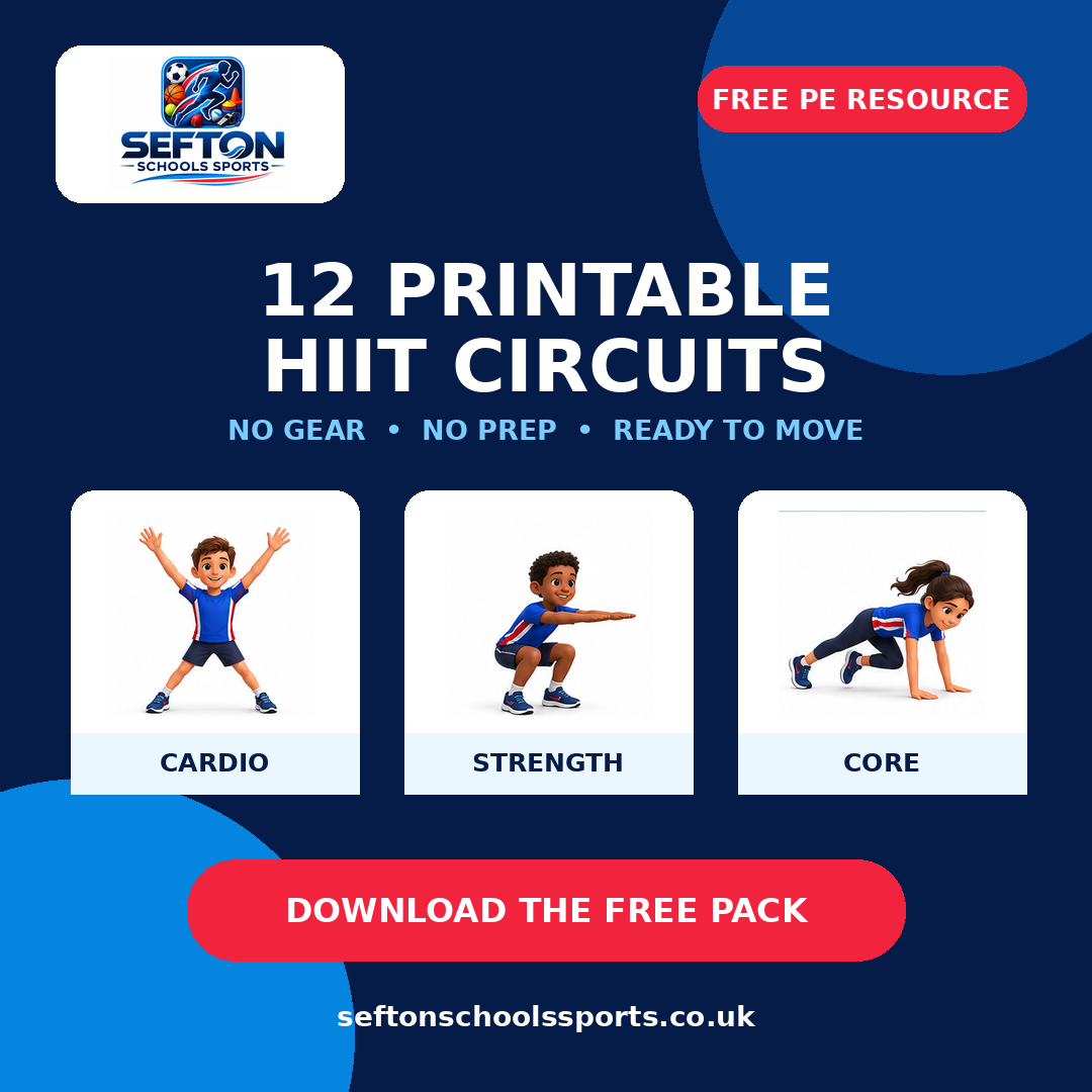 12 Printable HIIT Circuits — Sefton Schools Sports free pack cover showing cardio, strength and core icons